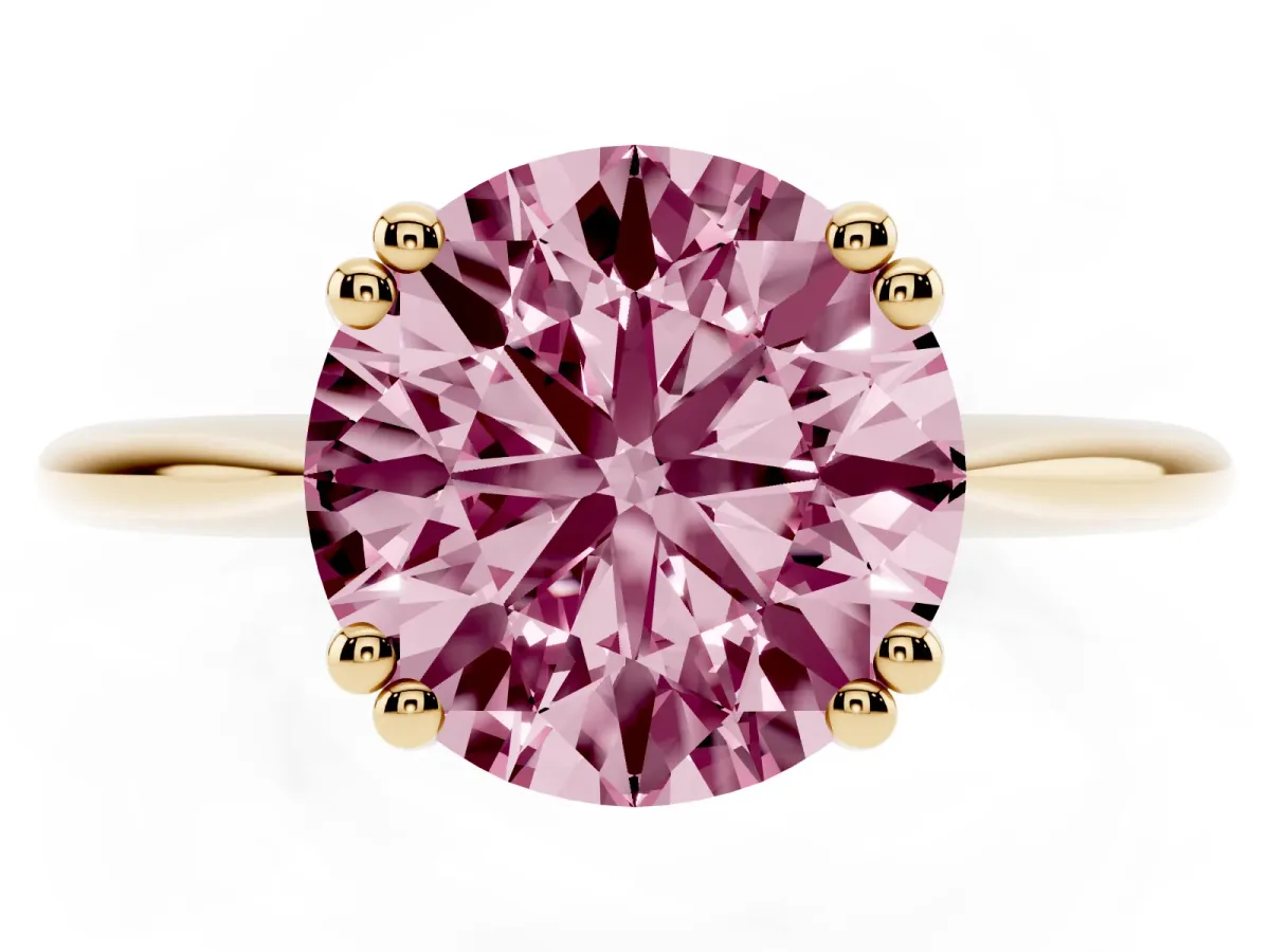 Fancy Pink Round Cut Solitaire Diamond Ring with Six-Prong Setting and Classic Band Yellow gold