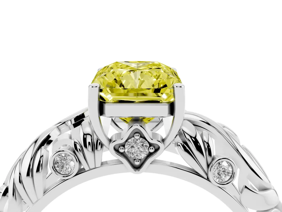 Fancy Yellow Radiant Cut Solitaire Diamond Leaf-Inspired Vine Band Ring with Prong Setting White gold