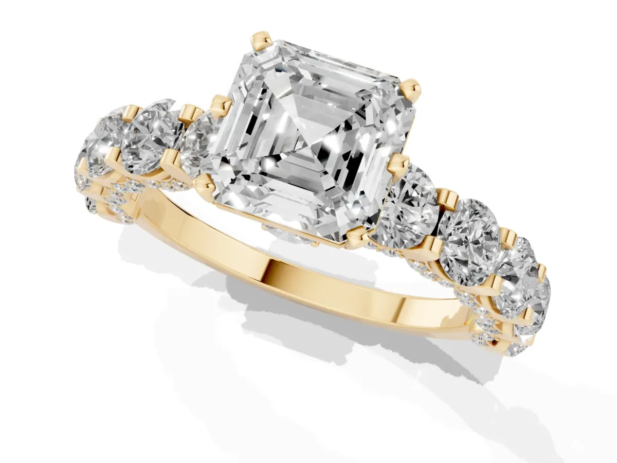Asscher Cut Diamond Side Stone Engagement Ring with Four-Prong Setting Yellow gold