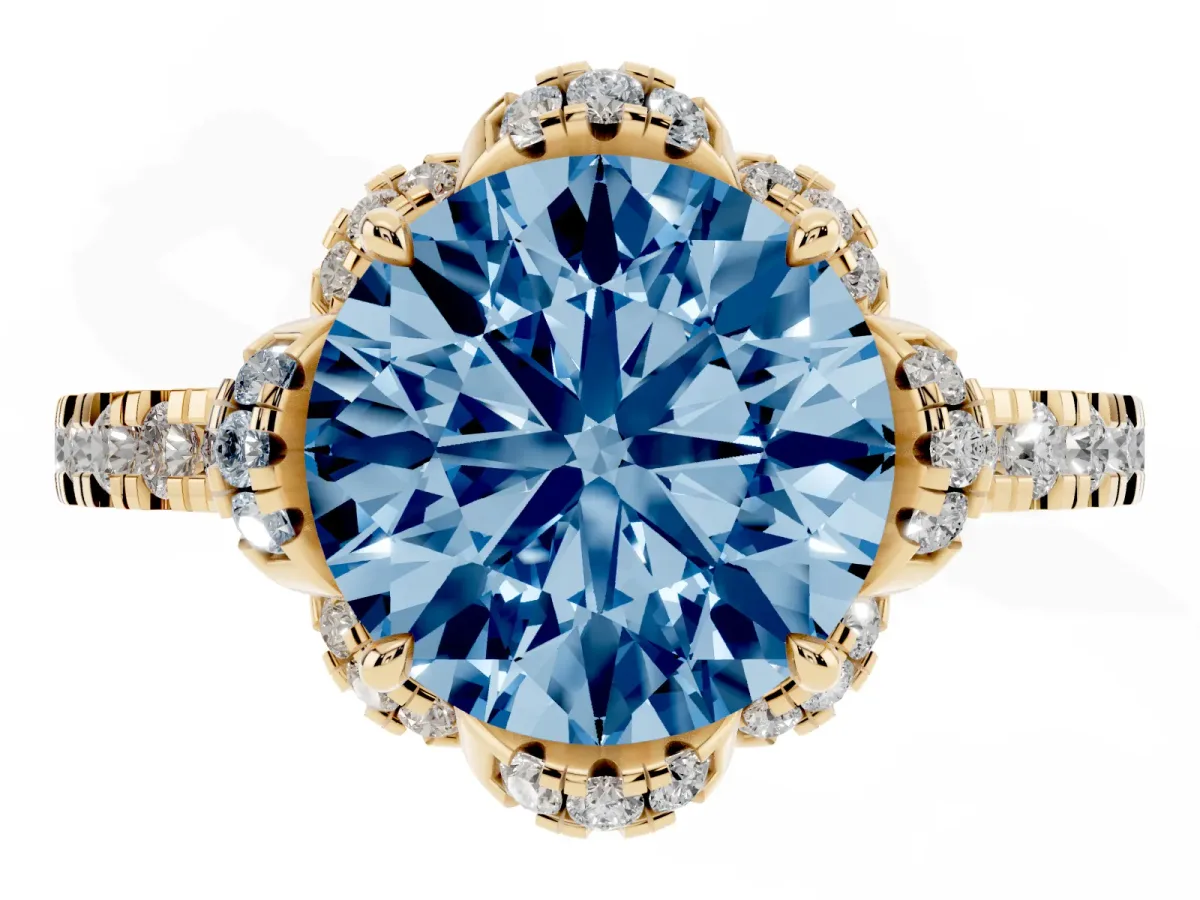 Fancy Blue Round Cut Diamond Halo Pave Band with Four-Prong Setting Yellow gold