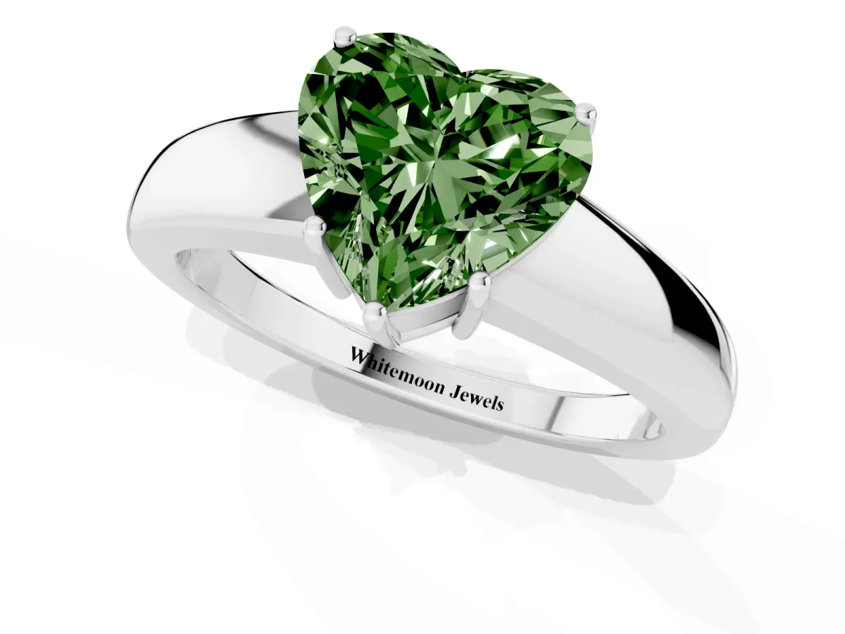 Fancy Green Heart Cut Solitaire Diamond Ring with Tapered Band and Four-Prong Setting Platinum