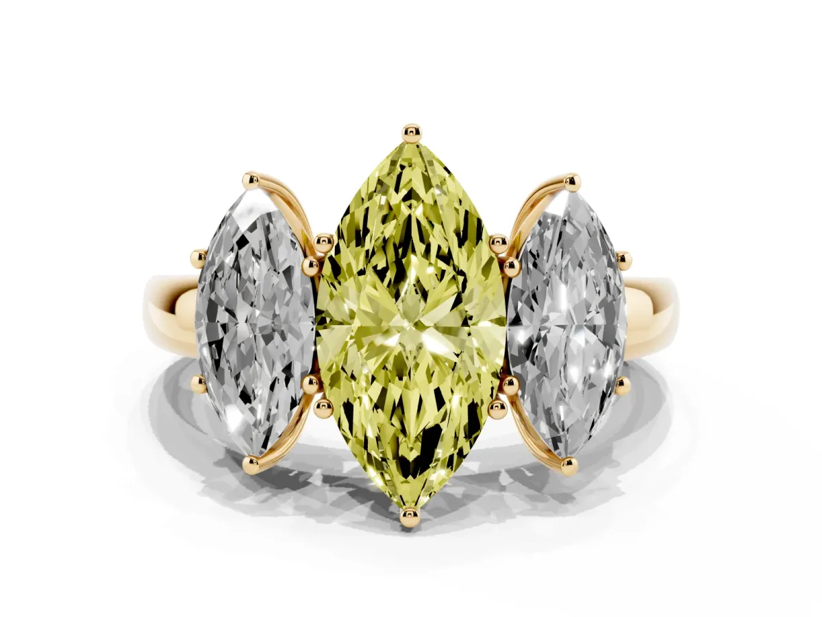 Fancy Yellow Marquise Cut Diamond Three-Stone Ring with Four-Prong Setting and Classic Band Yellow gold