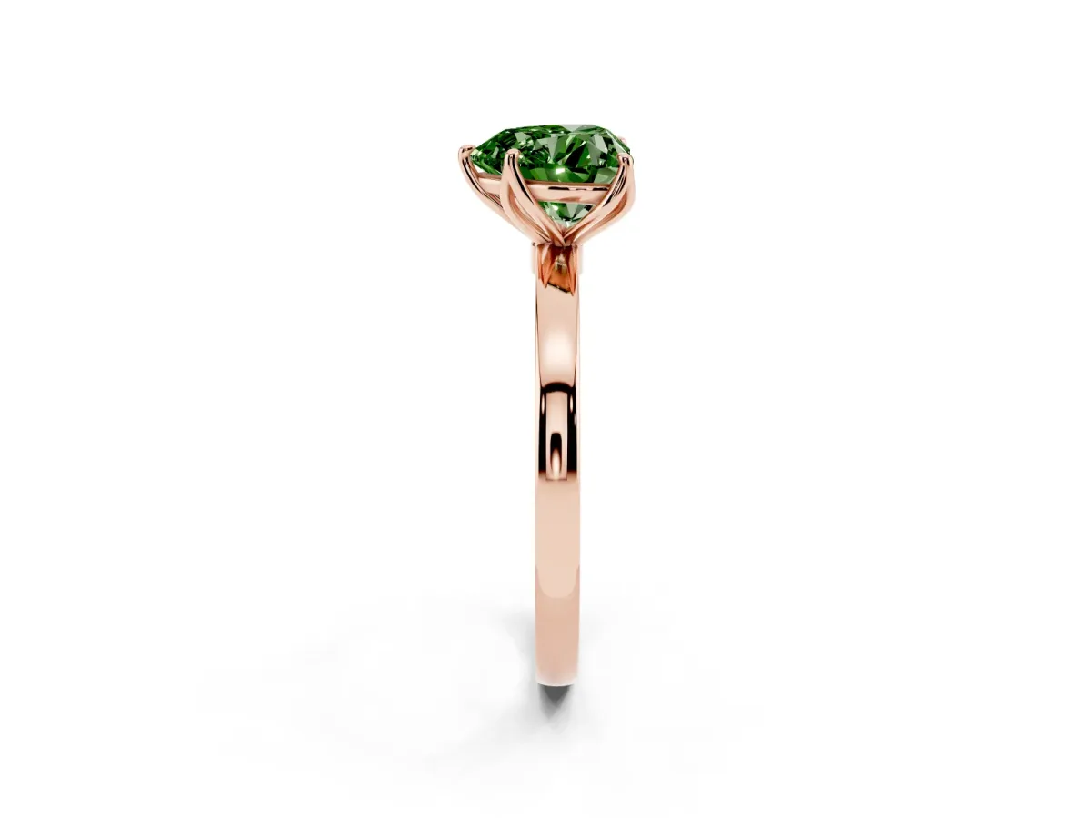 Fancy Green Heart Cut Diamond Solitaire Ring with Thin Band and Prong Setting Rose gold