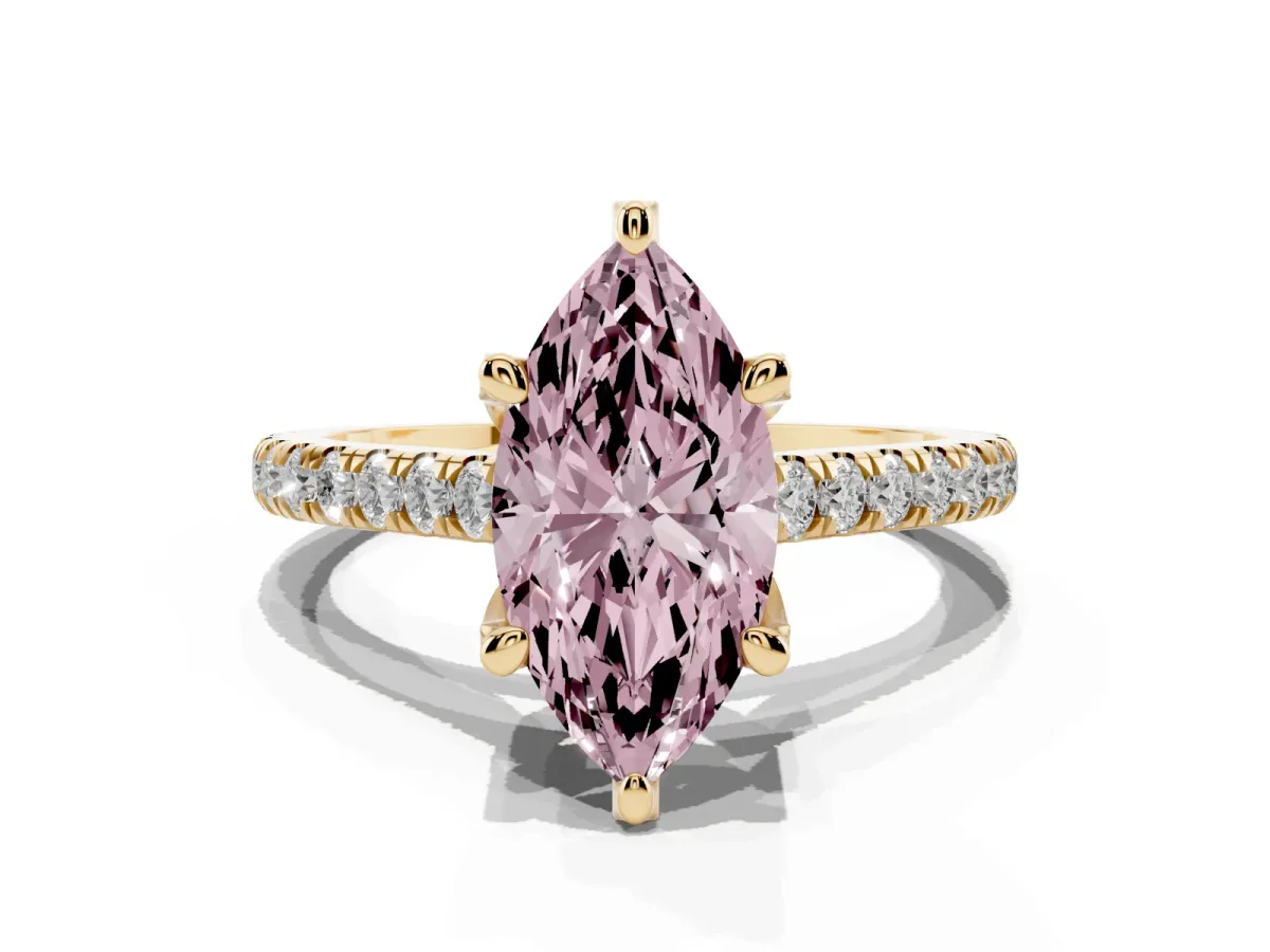 Fancy Pink Marquise Cut Brilliant Diamond Solitaire with Pavé Band and Four-Prong Setting Yellow gold