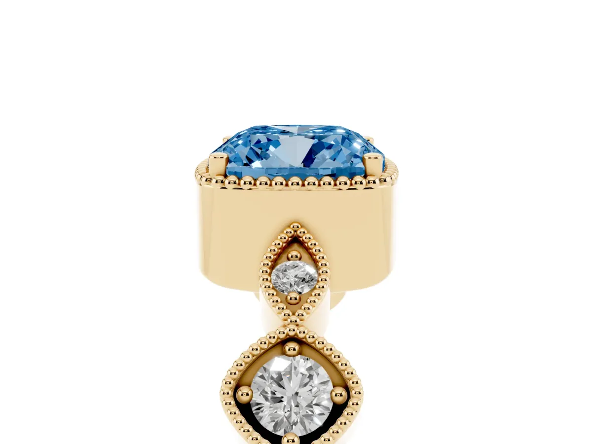 Fancy Blue Cushion Cut Diamond Vintage Milgrain Ring with Round Stations Yellow gold