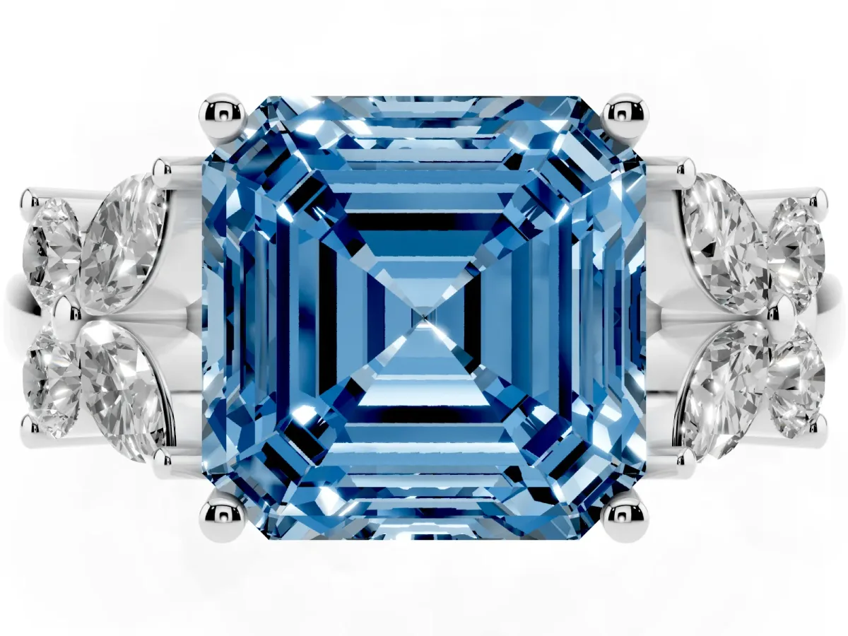 Fancy Blue Princess Cut Diamond Floral Cluster Ring with Solitaire Band and Prong Setting Platinum