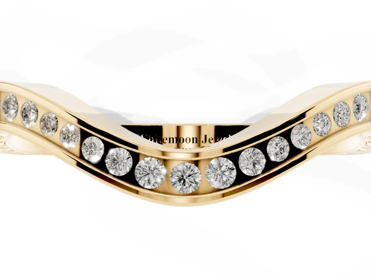 Round Cut Channel Set Wave Band with Pavé Setting Yellow gold