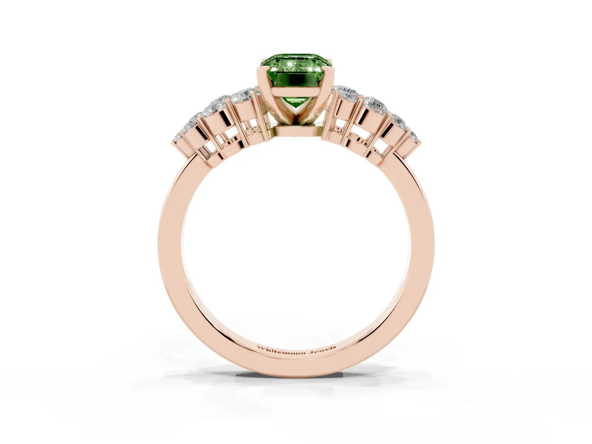 Fancy Green Emerald Cut Cluster Diamond Engagement Ring with Pavé Band and Four-Prong Setting Rose gold