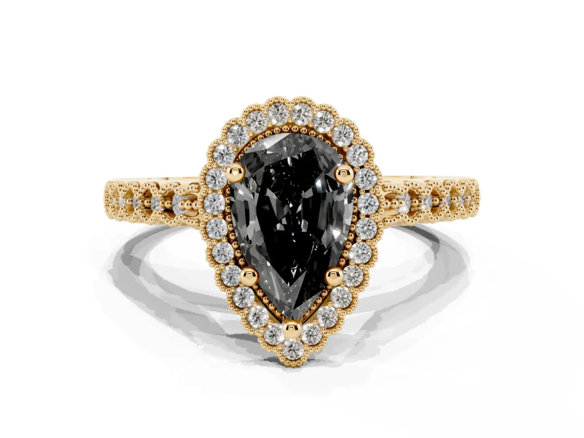 Fancy Black Pear Cut Cut Halo Pavé Solitaire Ring with Milgrain Band Yellow gold
