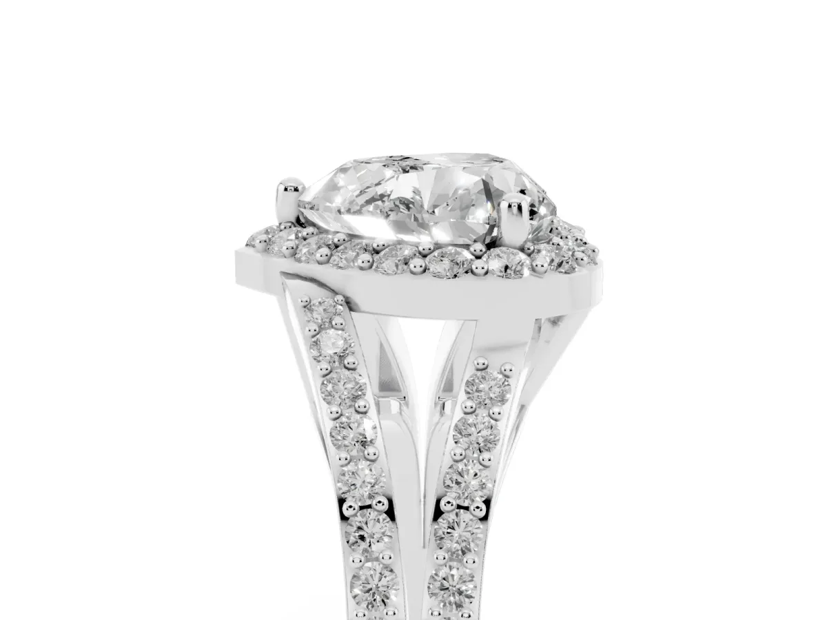 Heart Cut Halo Split Shank Pave Diamond Ring with Four-Prong Setting Silver
