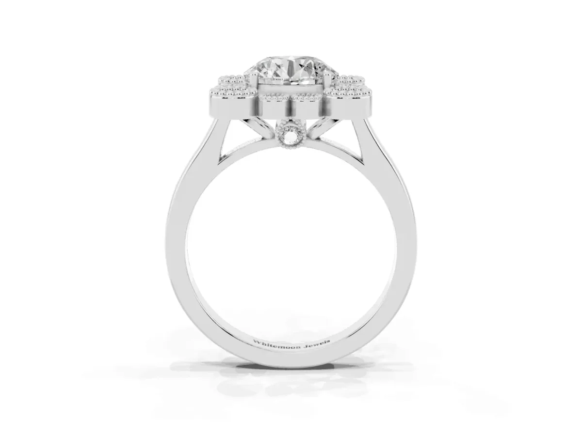 Round Cut Halo Diamond Cluster Engagement Ring with Milgrain Bezel Setting and Solitaire Band White gold