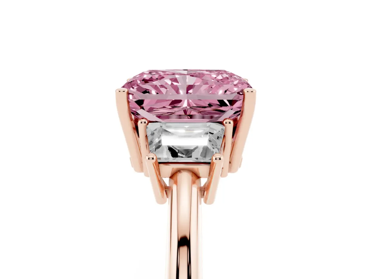 Fancy Pink Radiant Cut Diamond Three-Stone Ring with Trapezoid Side Stones and Prong Setting Rose gold