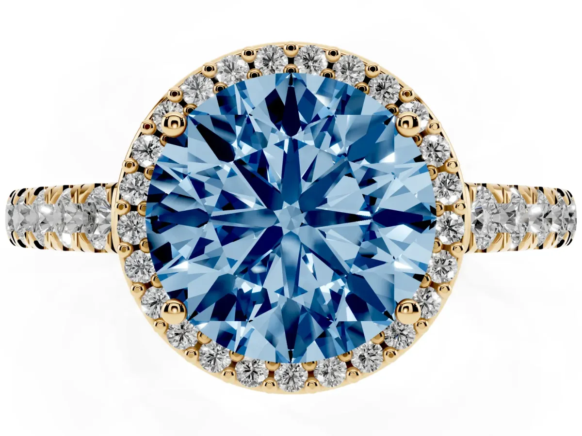 Fancy Blue Round Cut Cut Halo Diamond Engagement Ring with Pave Band and Four-Prong Setting Yellow gold