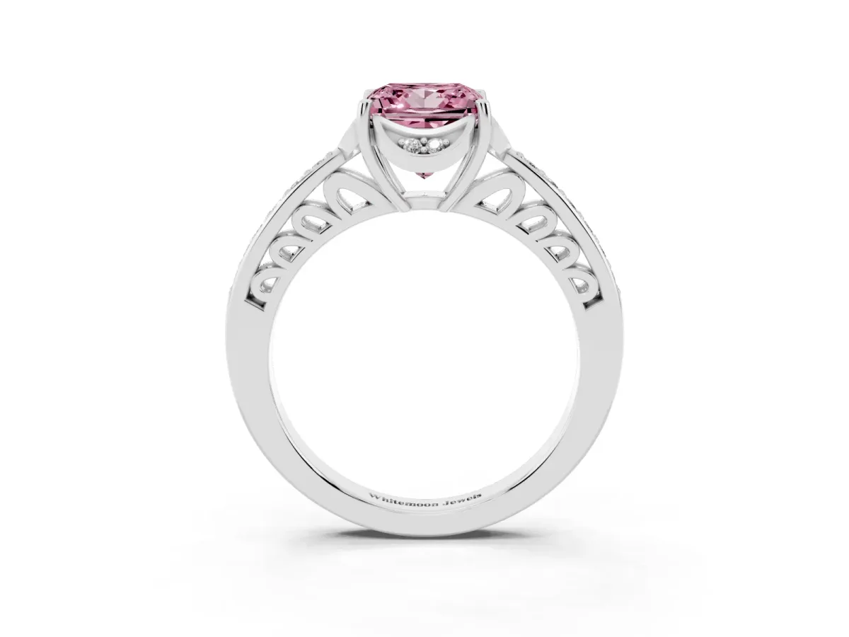 Fancy Pink Princess Cut Cut Halo Diamond Ring with Channel Set Band and Four-Prong Setting Platinum