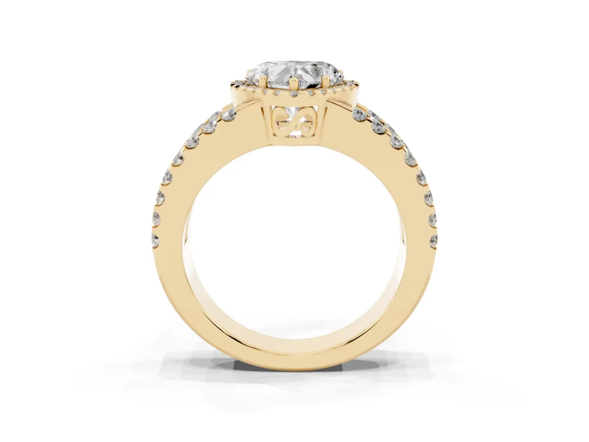 Heart Cut Cut Halo Split Shank Diamond Ring with Four-Prong Setting Yellow gold