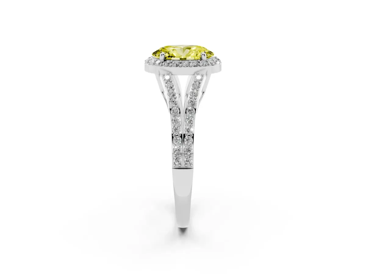 Fancy Yellow Oval Cut Halo Split Shank Pave Diamond Ring with Four-Prong Setting Platinum