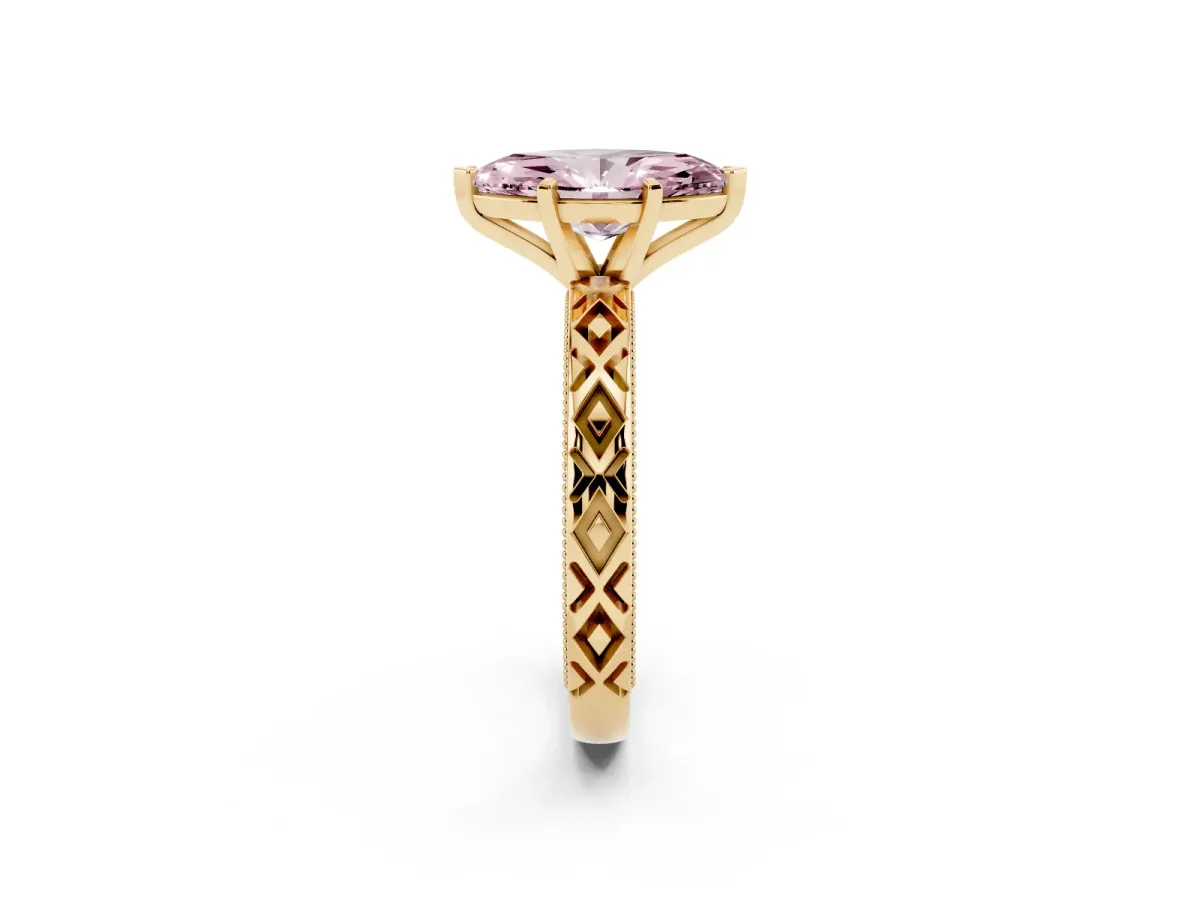 Fancy Pink Marquise Cut Solitaire Diamond Ring with Milgrain and Black Enamel X Pattern Band Yellow gold