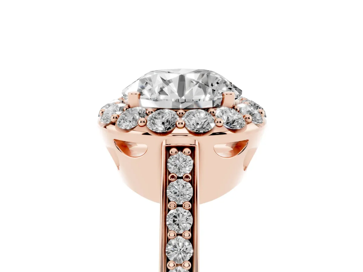 Round Cut Diamond Floral Halo Ring with Pavé Band and Prong Setting Rose gold
