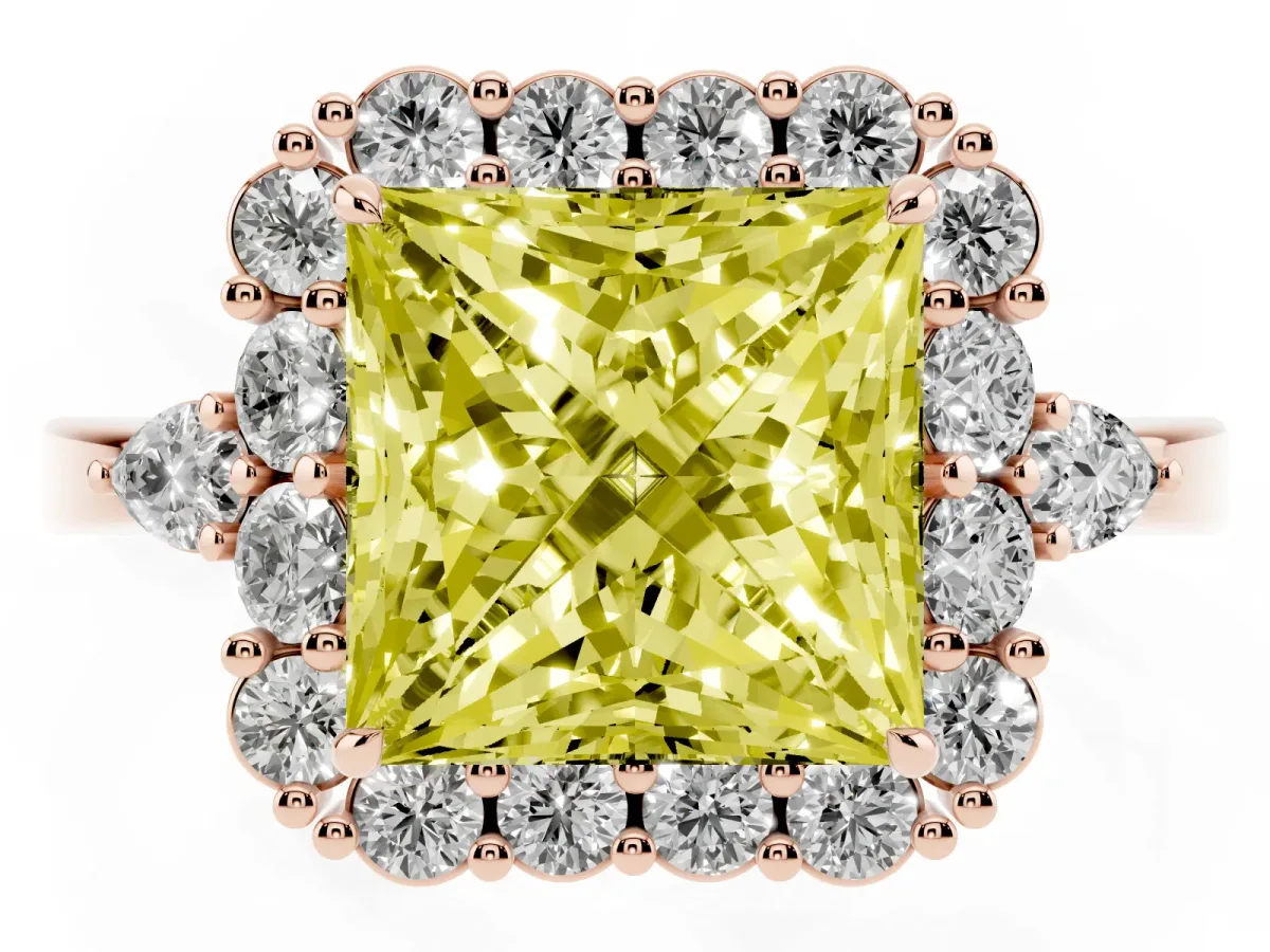 Fancy Yellow Princess Cut Diamond Halo Ring with Pear Side Stones and Prong Setting Rose gold