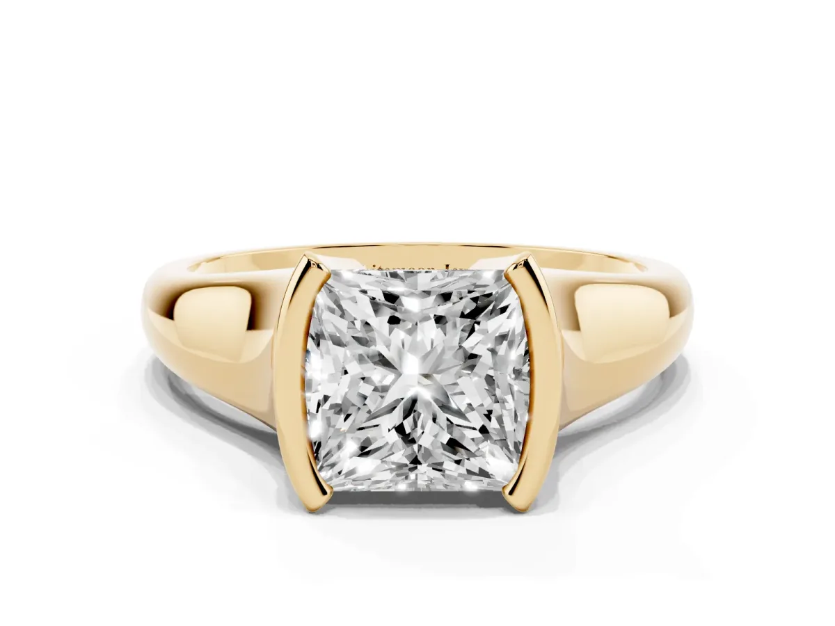Princess Cut Solitaire Tension Set Diamond Ring with Split Shank Band Yellow gold