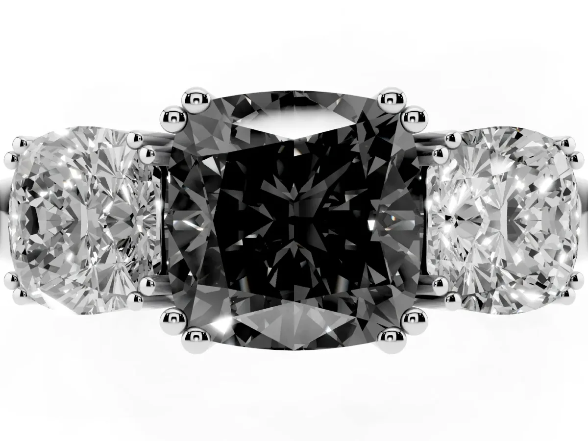 Fancy Black Three-Stone Cushion Cut Cut Diamond Ring with Channel Set Band and Four-Prong Setting Silver