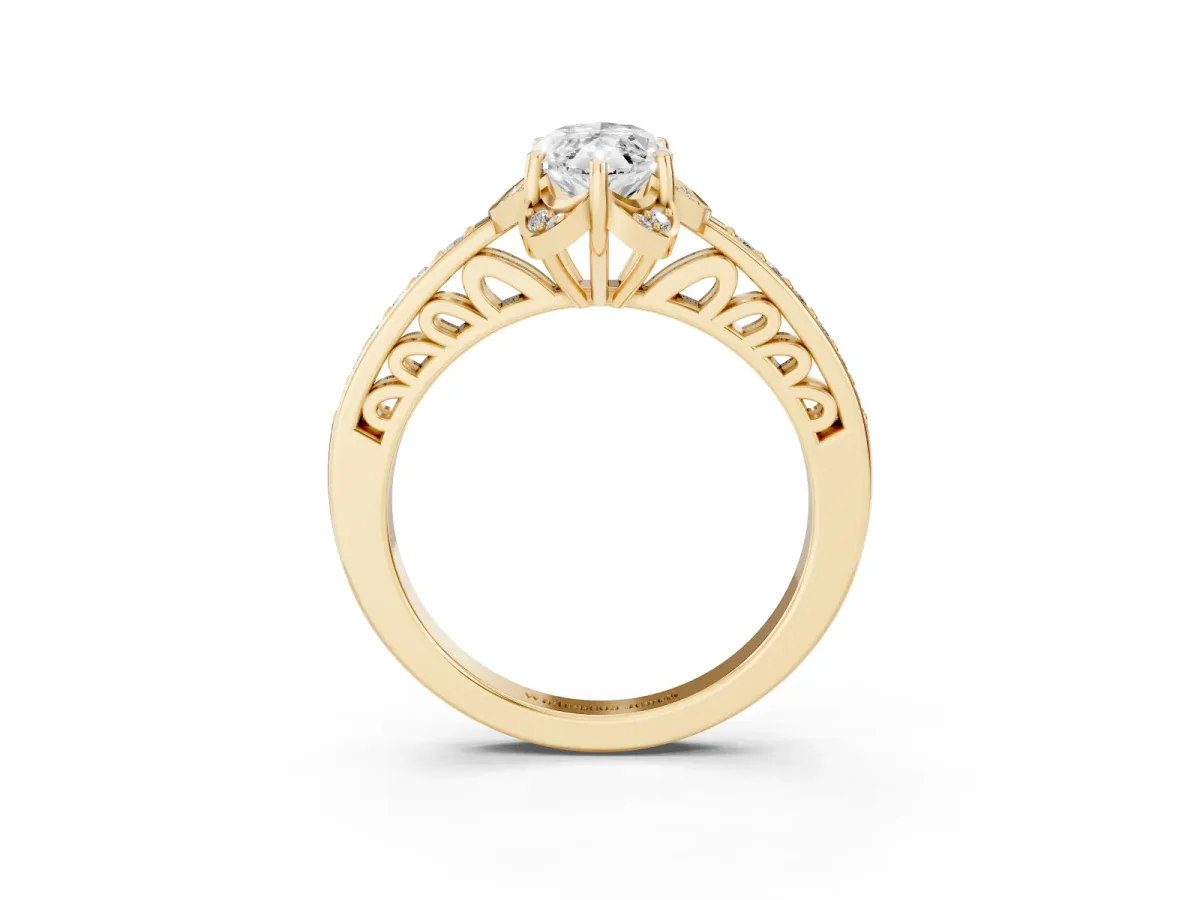 Marquise Cut Cut Halo Diamond Ring with Channel Set Band and Four-Prong Setting Yellow gold