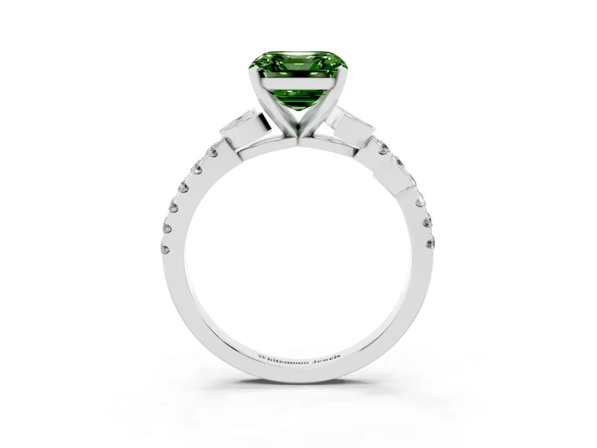 Fancy Green Asscher Cut Solitaire Leaf-Inspired Diamond Ring with Pavé Band and Four-Prong Setting White gold