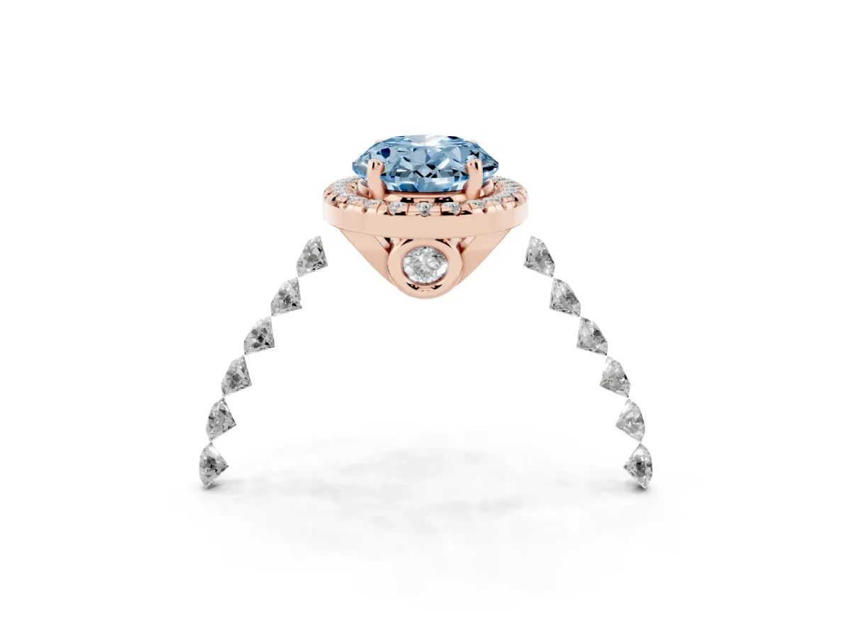 Fancy Blue Oval Cut Halo Pavé Diamond Engagement Ring with Four-Prong Setting Rose gold