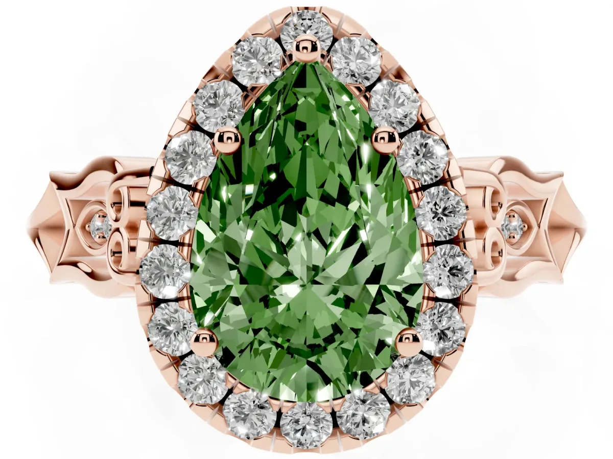 Fancy Green Pear Cut Halo Diamond Engagement Ring with Filigree Band and Four-Prong Setting Rose gold