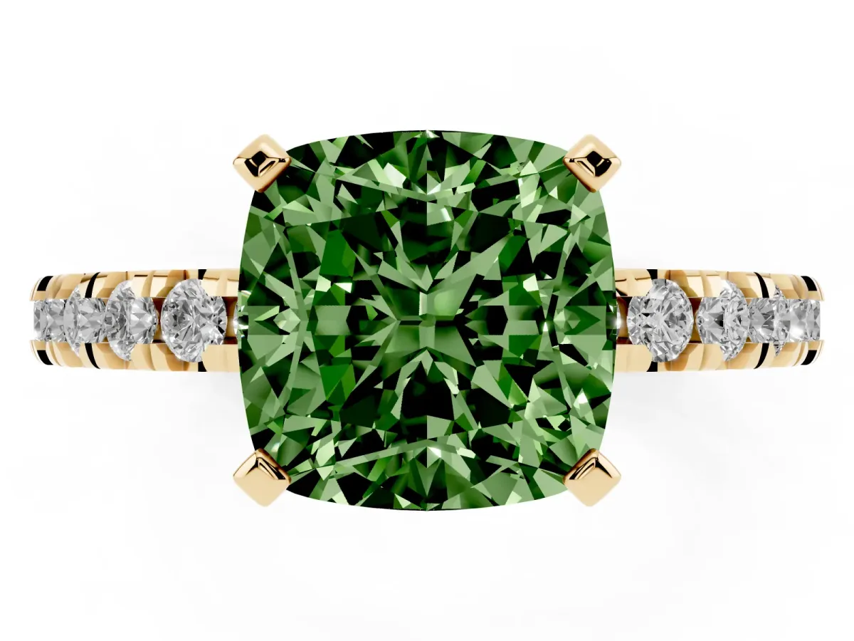 Fancy Green Cushion Cut Diamond Pavé Band Solitaire with Four-Prong Setting Yellow gold