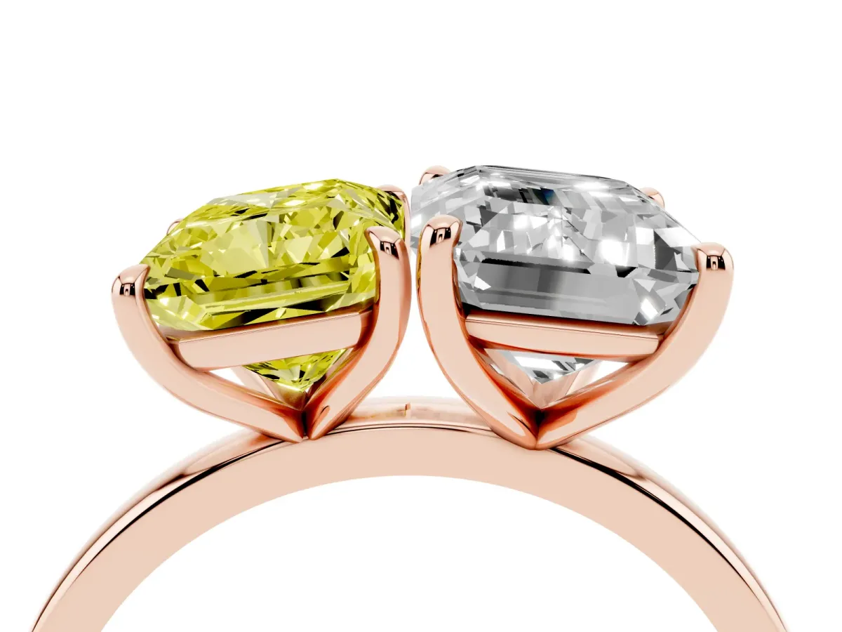 Fancy Yellow Radiant Cut and Emerald Cut Toi Moi Ring with Prong Setting Rose gold