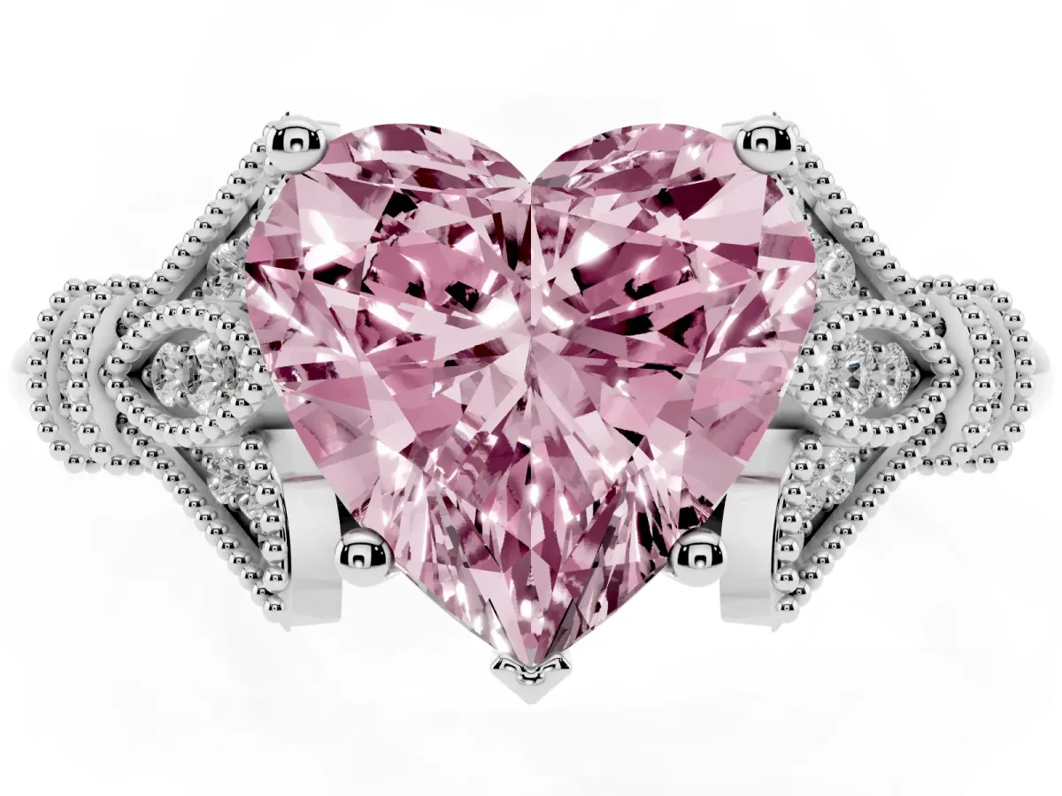Fancy Pink Heart Cut Diamond Solitaire Ring with Floral Filigree and Pave Accents Platinum