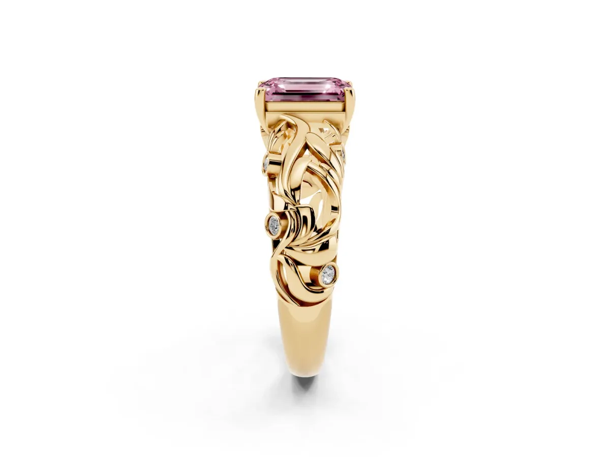 Fancy Pink Emerald Cut Solitaire Diamond Leaf-Inspired Vine Band Ring with Prong Setting Yellow gold