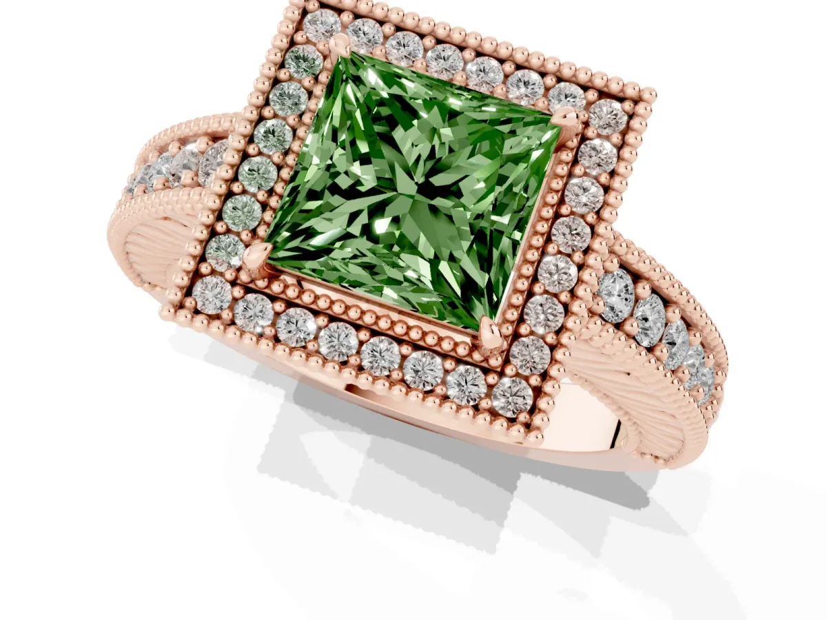 Fancy Green Princess Cut Cut Halo Diamond Ring with Pavé Band and Four-Prong Setting Rose gold