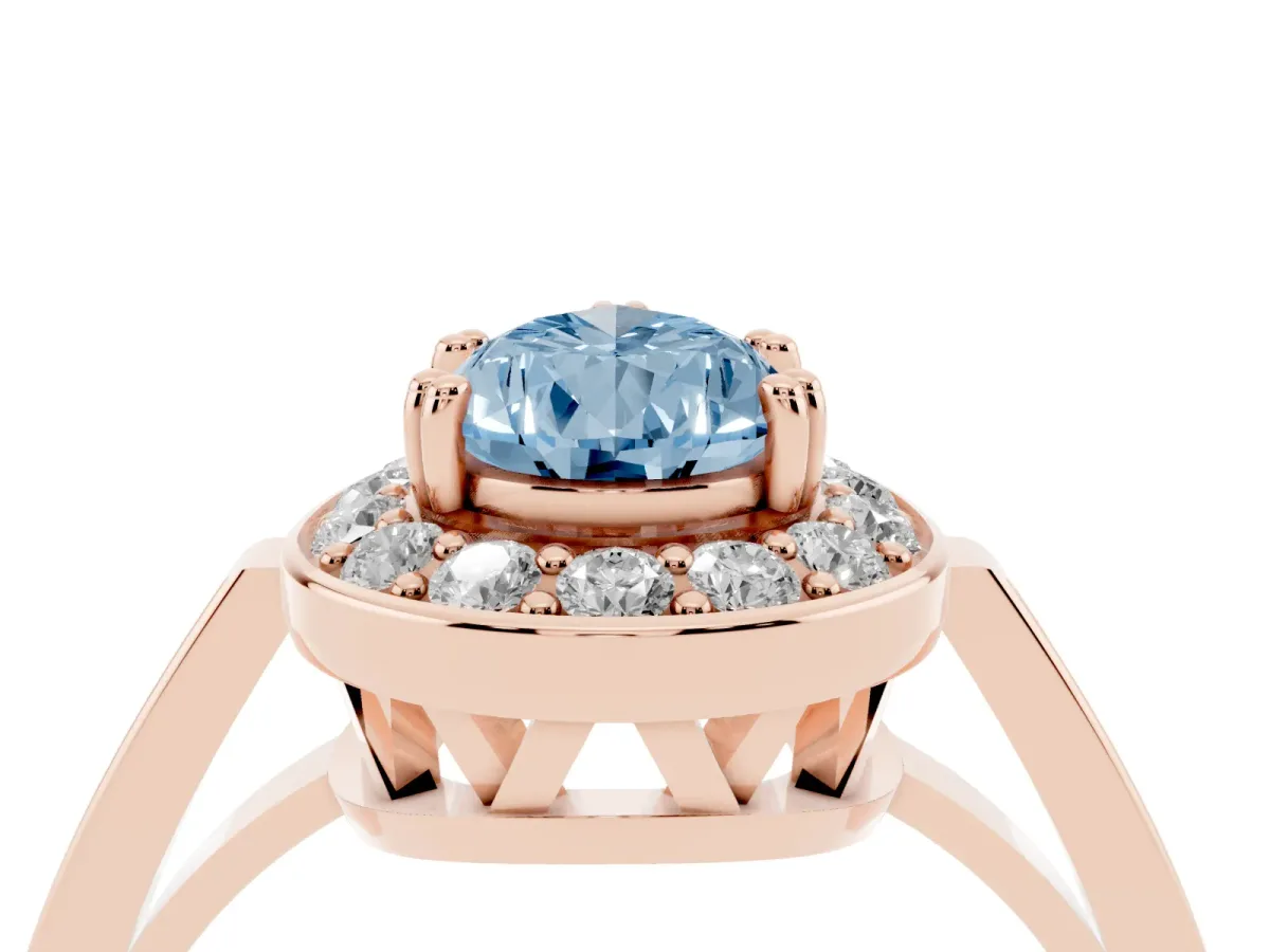 Fancy Blue Pear Cut Diamond Halo Ring with Split Shank and Four-Prong Setting Rose gold