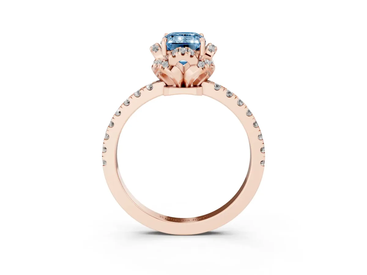 Fancy Blue Emerald Cut Diamond Halo Pave Band with Four-Prong Setting Rose gold