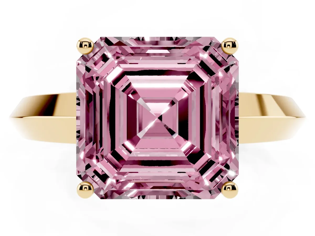 Fancy Pink Asscher Cut Cut Solitaire Engagement Ring with Flat Band and Four-Prong Setting Yellow gold