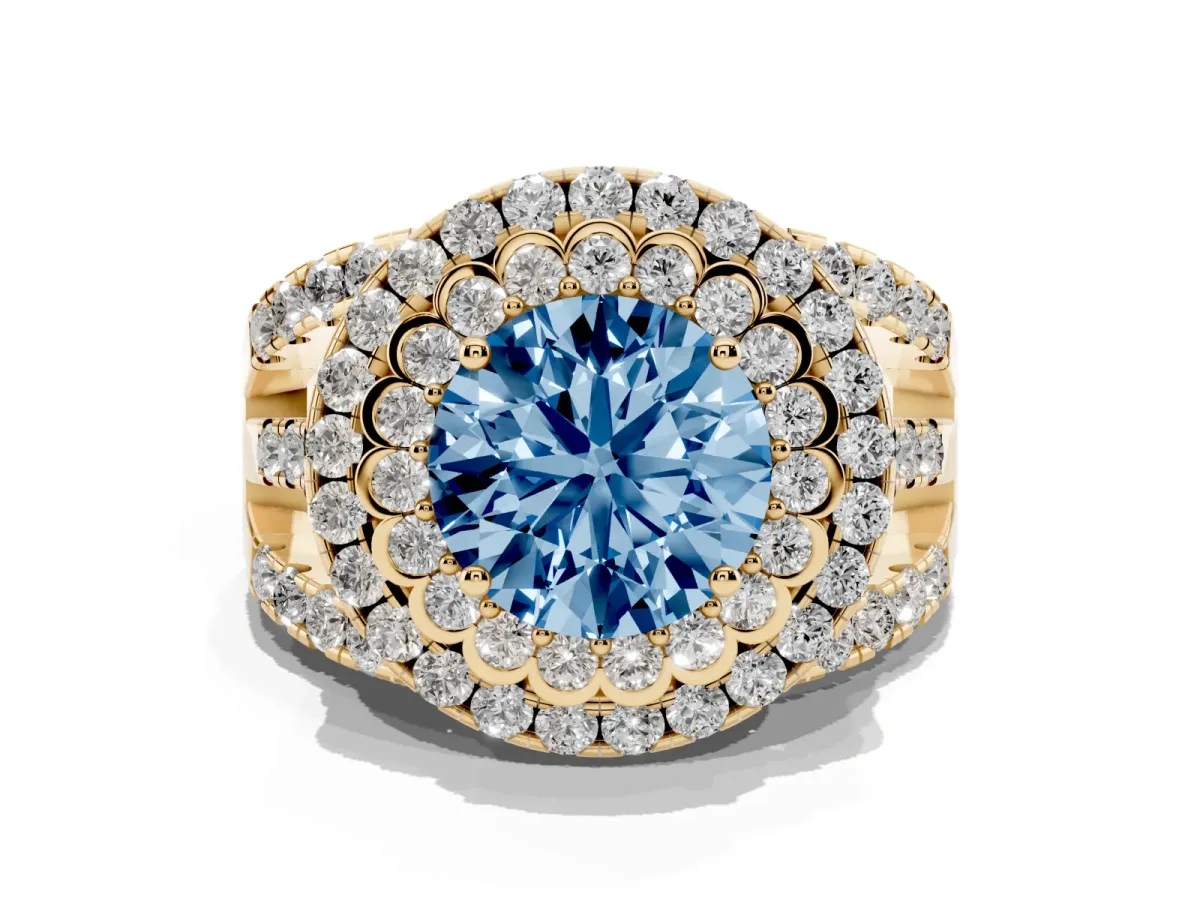 Fancy Blue Round Cut Diamond Double Halo Ring with Round Pavé Split Shank and Prong Setting Yellow gold