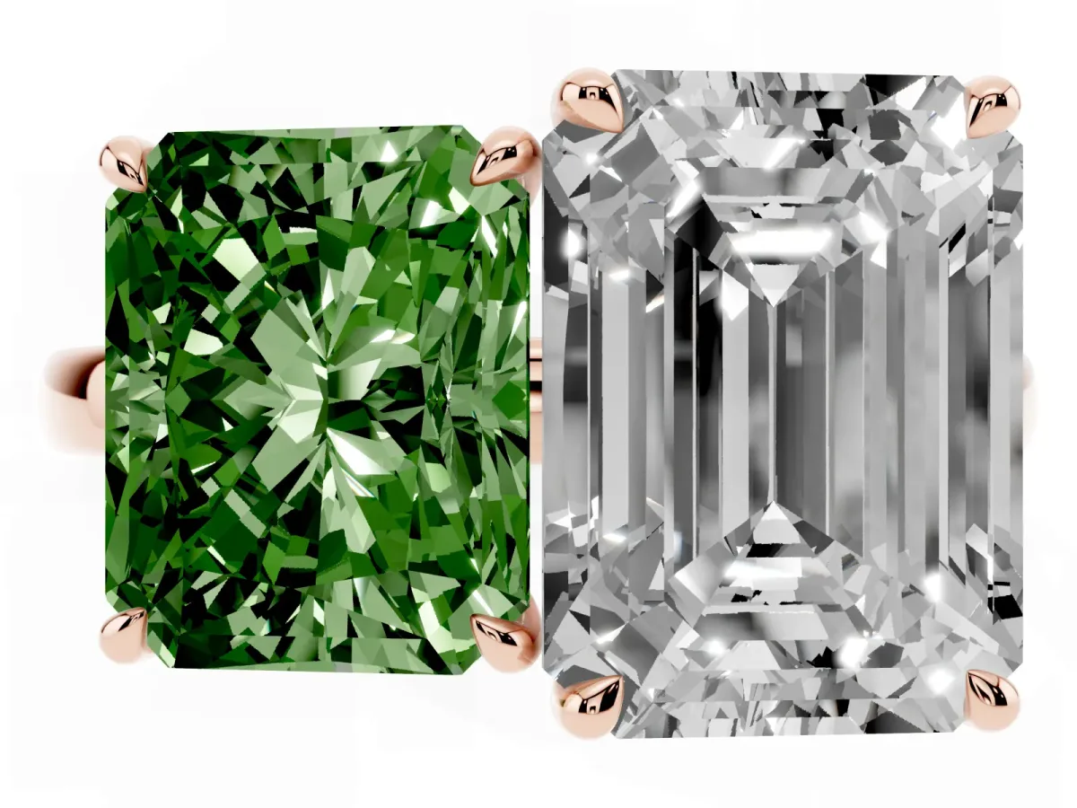 Fancy Green Radiant Cut and Emerald Cut Toi Moi Ring with Prong Setting Rose gold