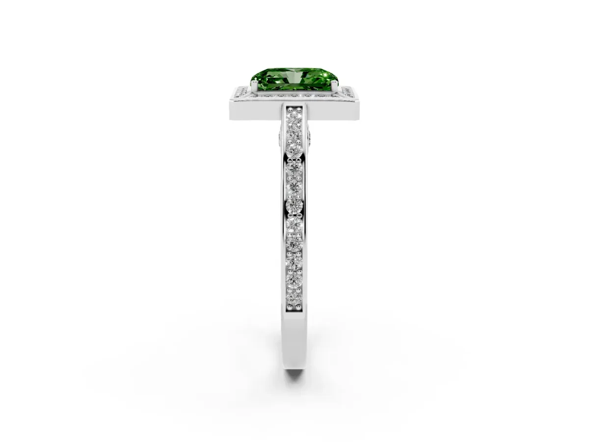 Fancy Green Radiant Cut Cut Halo Pave Split Shank Prong Setting Ring Silver