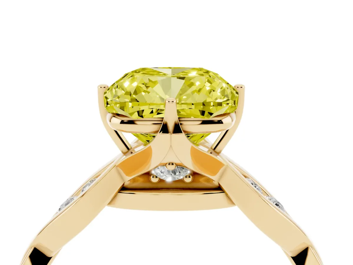 Fancy Yellow Cushion Cut Solitaire Twist Band with Leaf Prong Setting Yellow gold