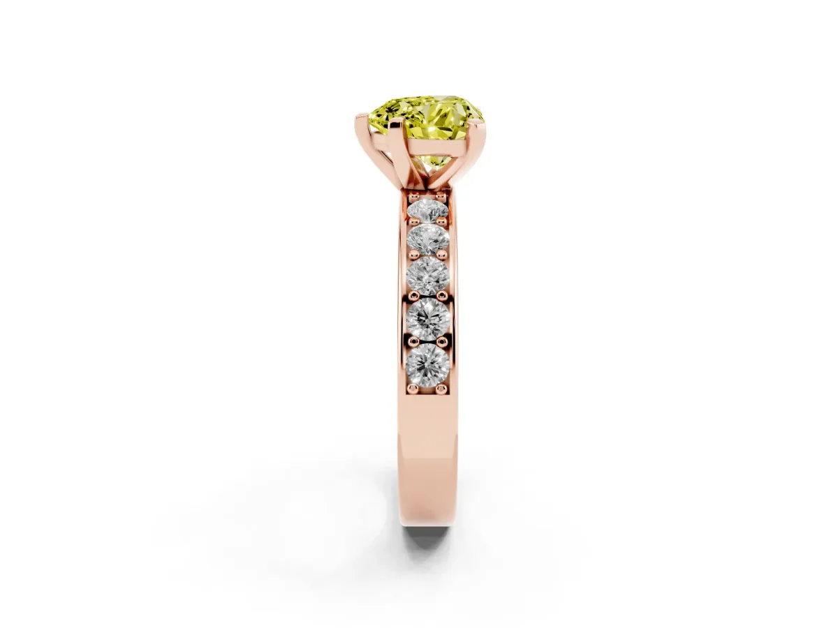 Fancy Yellow Heart Cut Diamond Engagement Ring with Channel Set Round Band and Prong Setting Rose gold