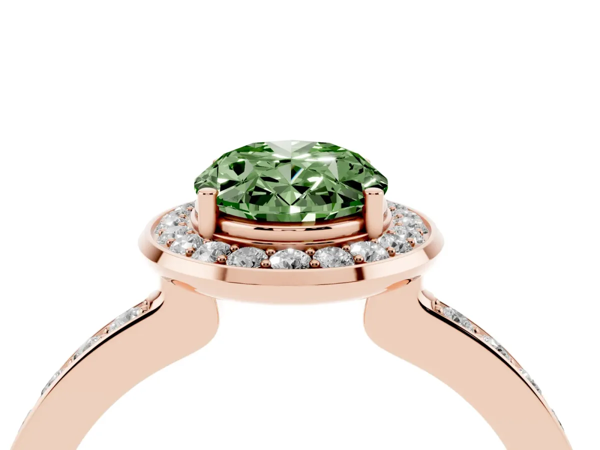 Fancy Green Oval Cut Diamond Halo Ring with Bezel Frame and Pavé Band Rose gold