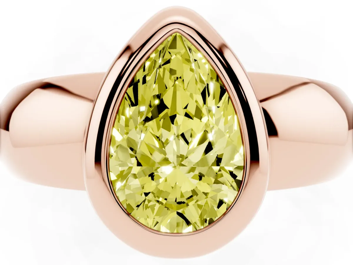 Fancy Yellow Bezel Set Pear Cut Solitaire Ring with Wide Band Rose gold
