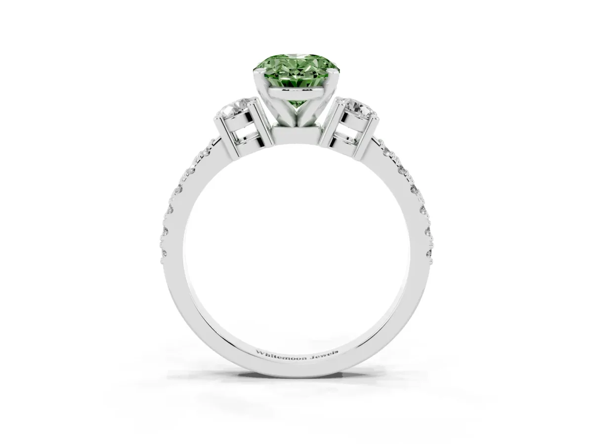 Fancy Green Oval Cut Three-Stone Diamond Pavé Band with Prong Setting Platinum