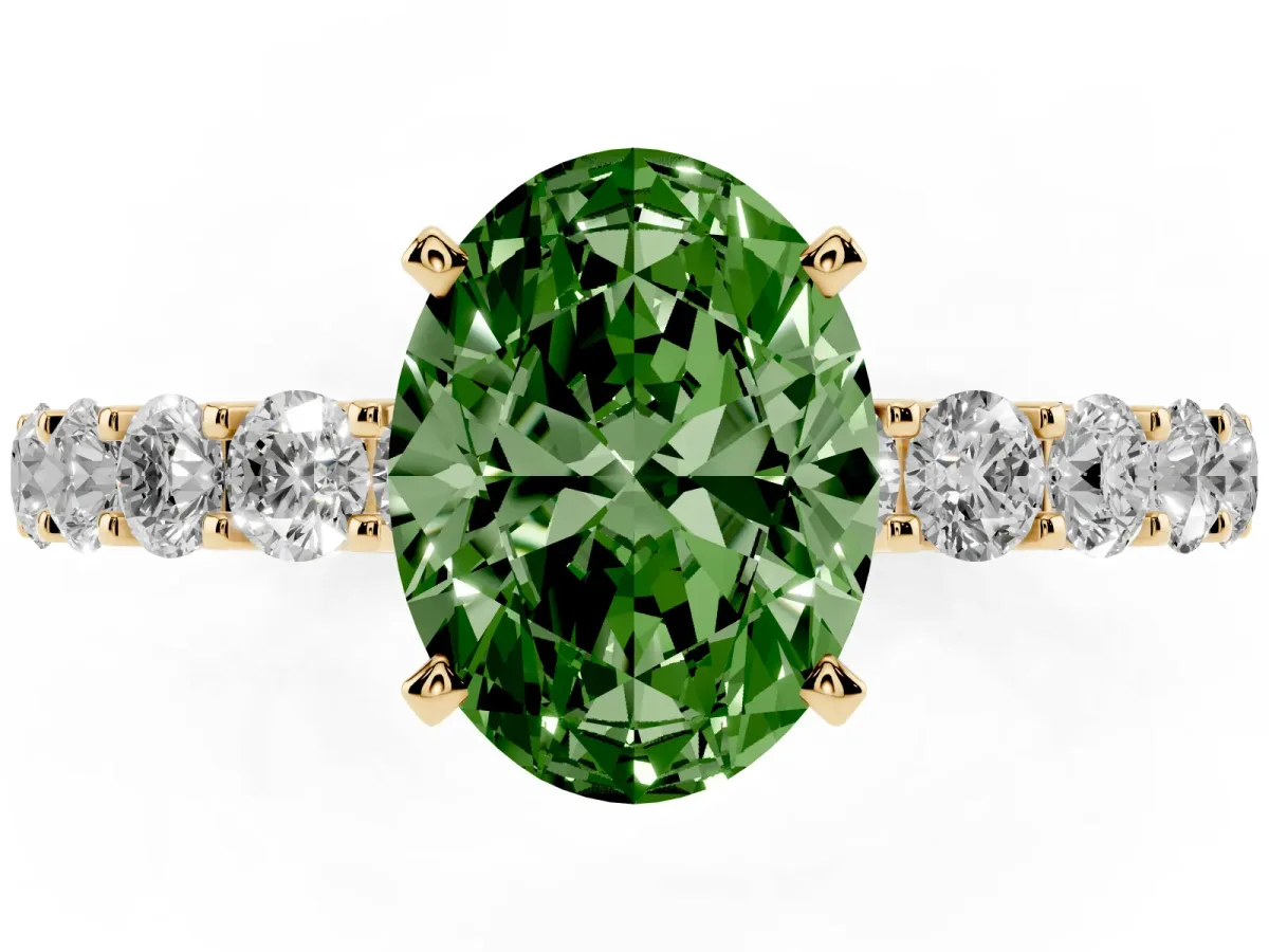 Fancy Green Oval Cut Diamond Solitaire Ring with Shared Prong Pavé Band and Four-Prong Setting Yellow gold