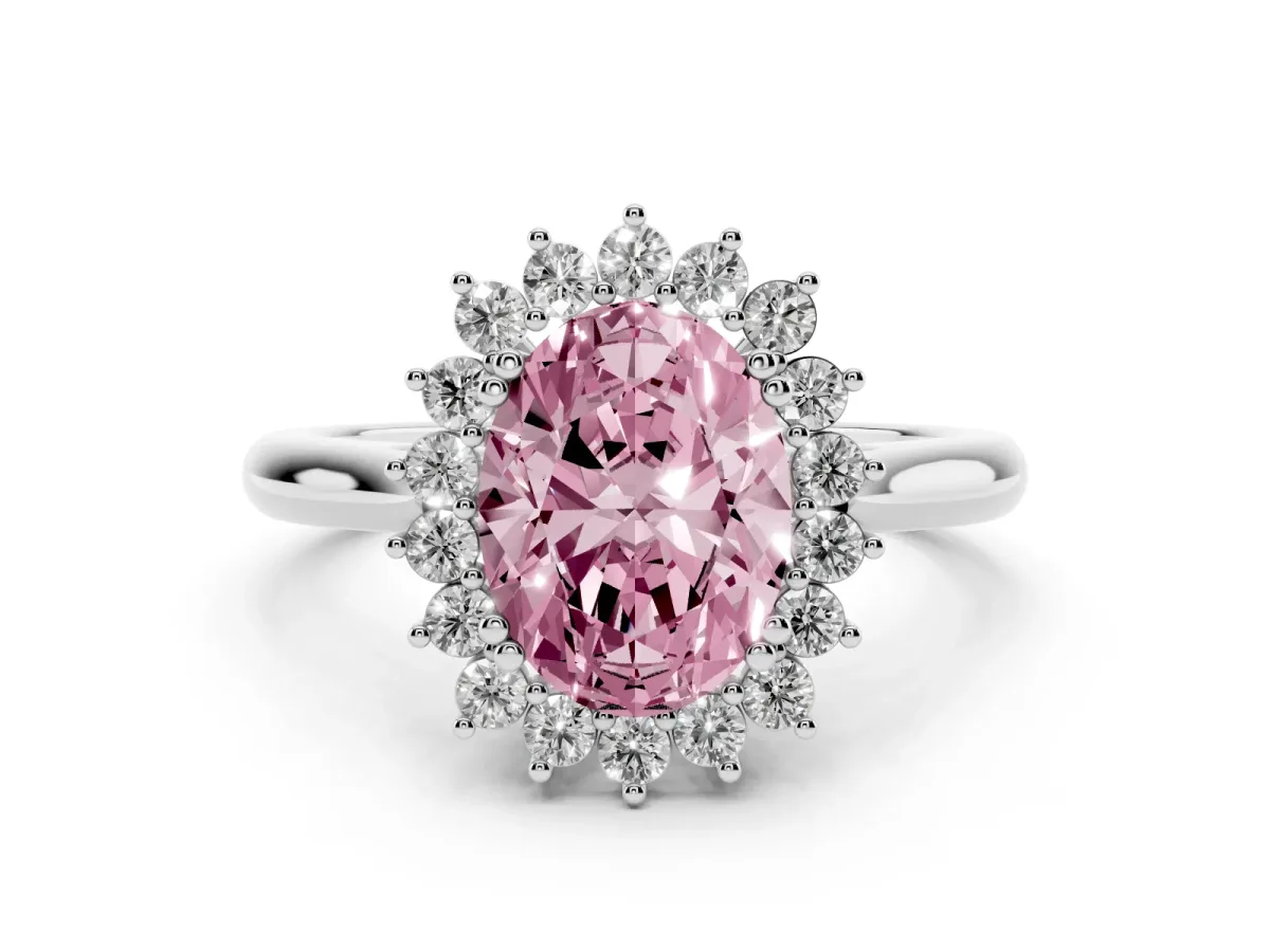 Fancy Pink Oval Cut Cut Diamond Halo Ring with Solitaire Band and Prong Setting Silver