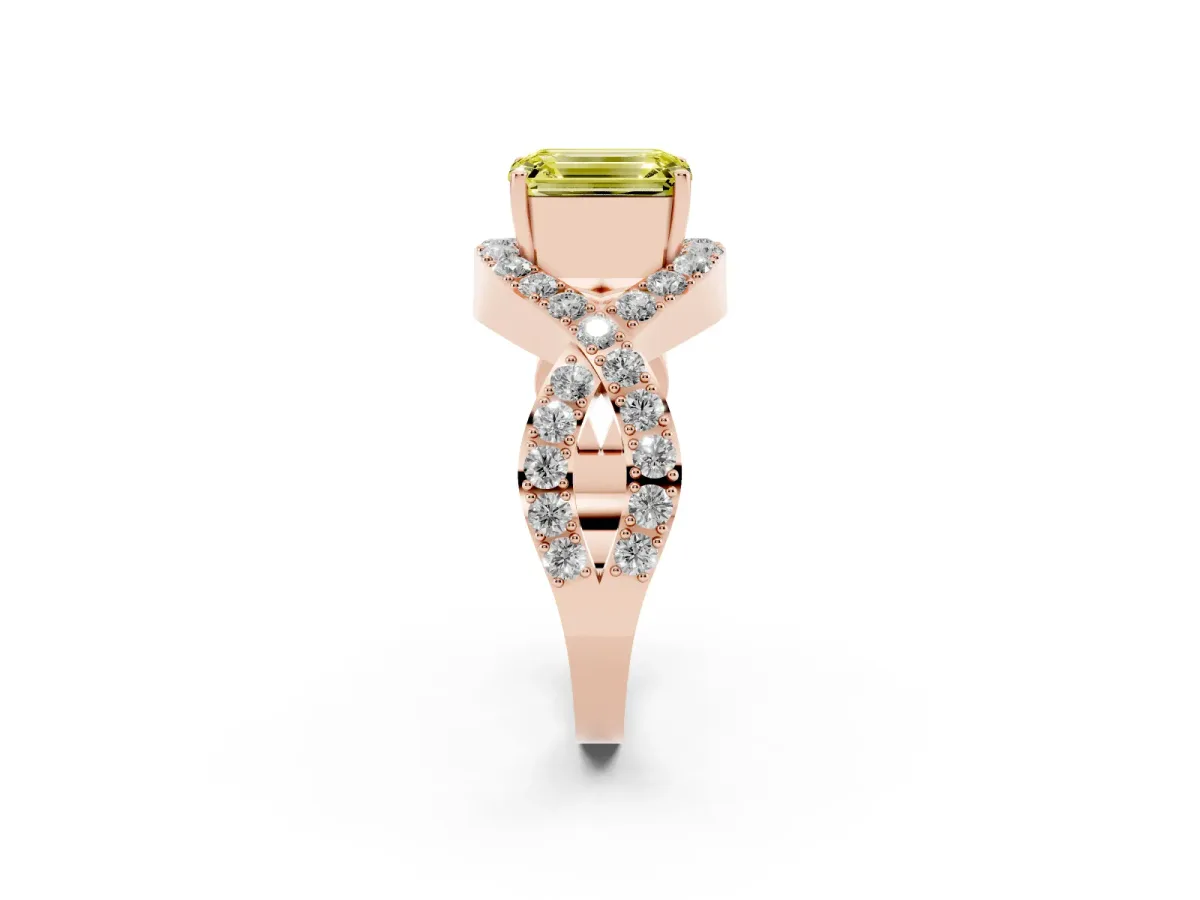 Fancy Yellow Emerald Cut Solitaire Twist Band Pavé Diamond Engagement Ring Rose gold