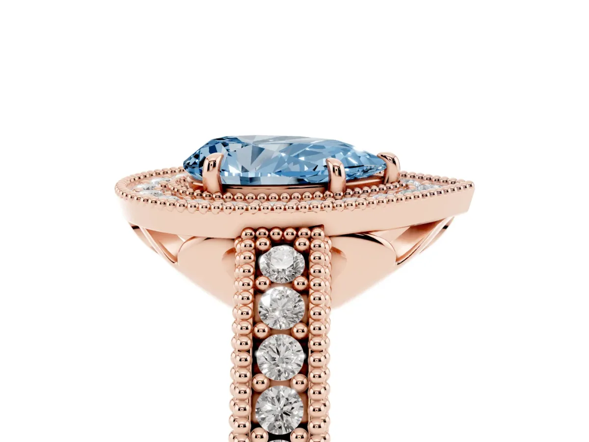 Fancy Blue Pear Cut Cut Halo Diamond Ring with Pavé Band and Four-Prong Setting Rose gold