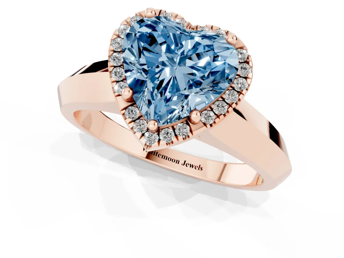 Fancy Blue Heart Cut Halo Diamond Ring with Cathedral Band and Four-Prong Setting Rose gold